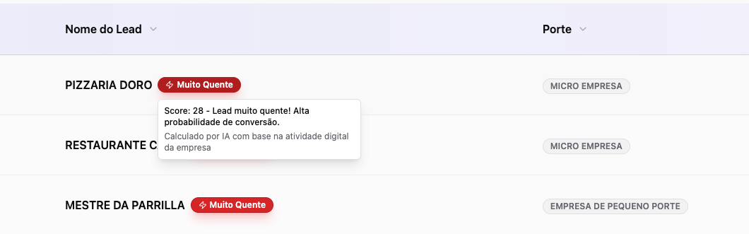 Imagem de uma listagem com o Score do Lead